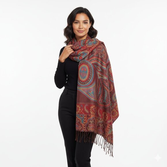 pashmina Accessories - PASHMINA One Size Multi-Color Paisley Wrap Scarf Fringe Cashmere Silk Blend